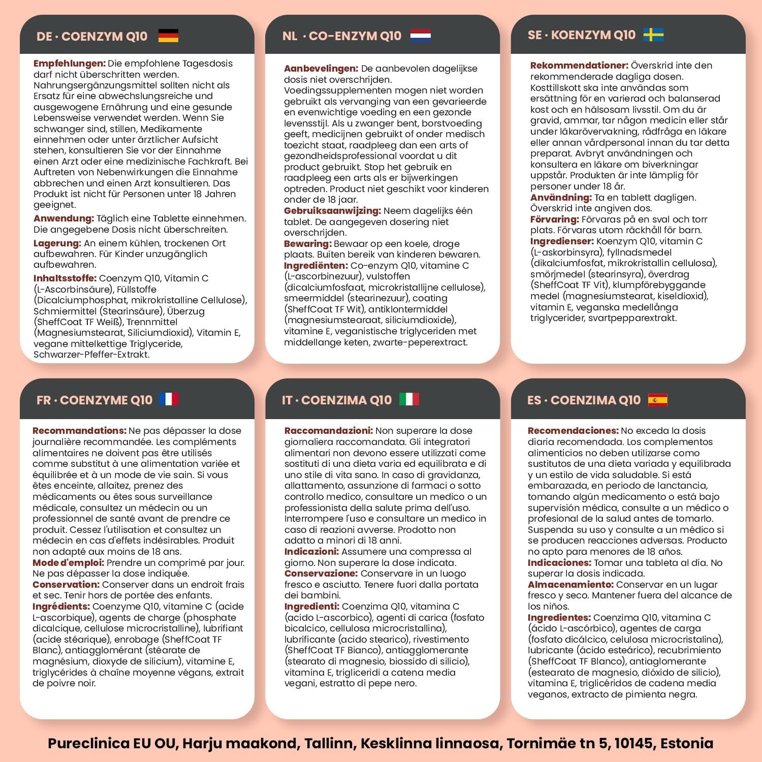 Mehrsprachige Informationen zu Coenzym Q10. Enthält Empfehlungen, Inhaltsstoffe und Warnhinweise in verschiedenen Sprachen.