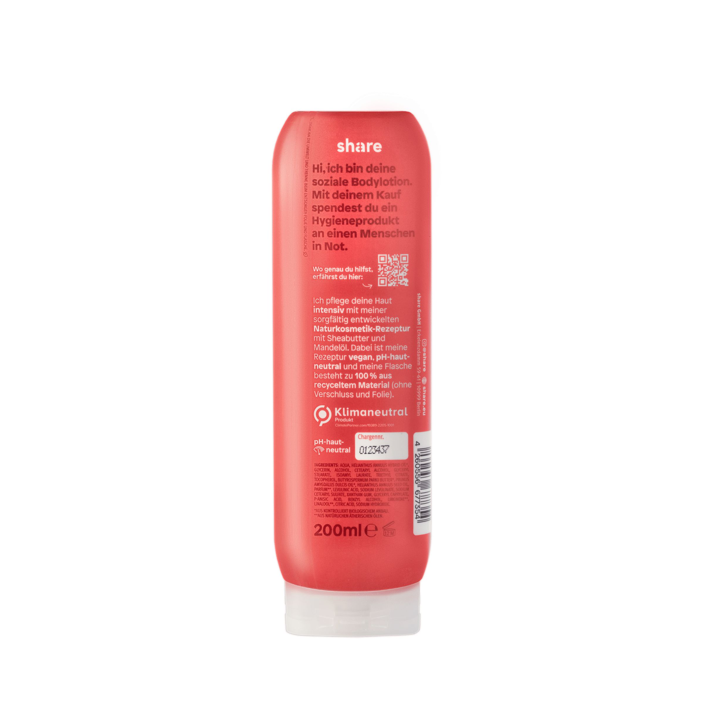 Rückseite einer roten Bodylotion-Tube. Text: share, Informationen zum Produkt. Unten: 200ml, Klimaneutral, Recycling-Symbol.