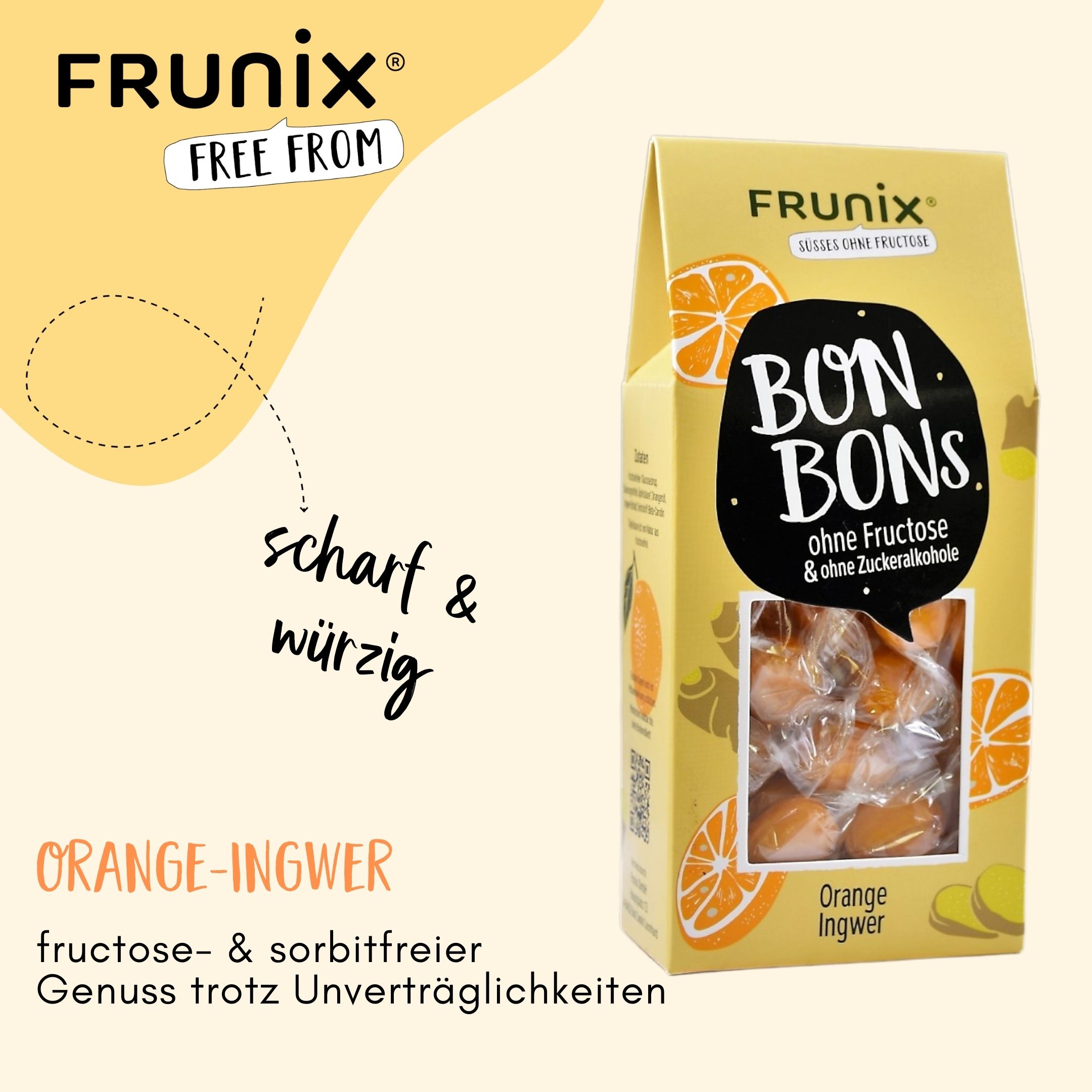 Frunix- Bonbons ohne Fructose & Zuckeralkohole, Sorte Orange Ingwer 90 g