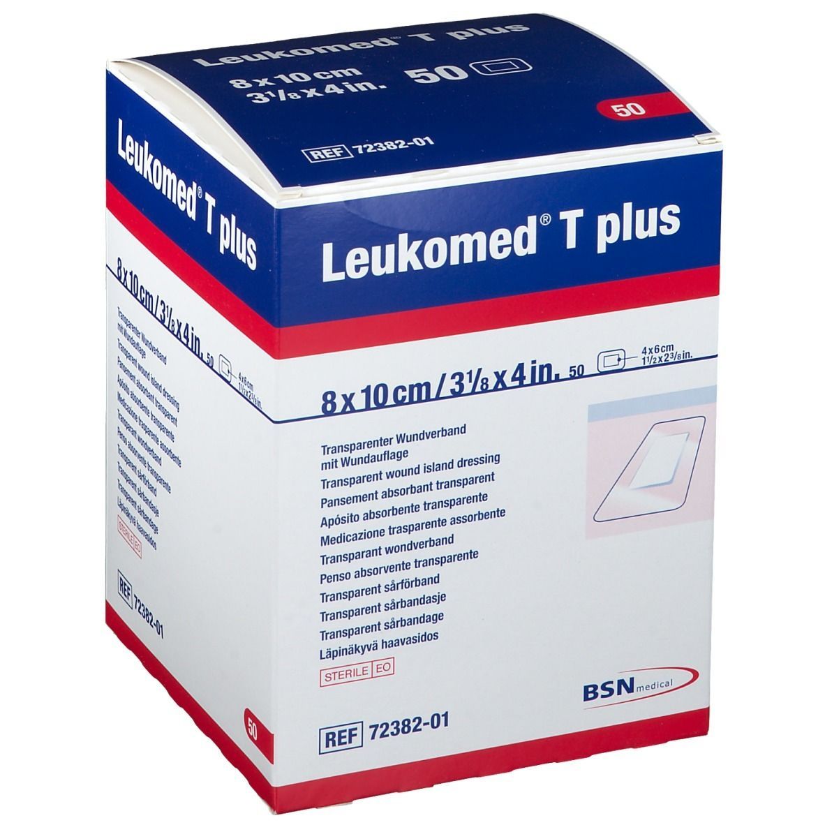 Verpackung von Leukomed T plus. Blaue und weiße Schachtel mit Produktinformationen. Enthält 50 transparente Wundauflagen.