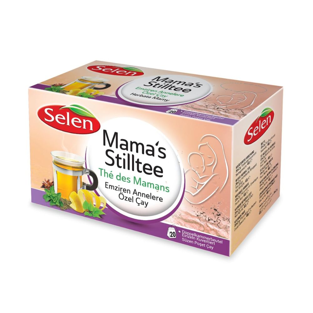 Verpackung von Mama's Stilltee. Aufschrift: Selen, Mama's Stilltee, Thé des Mamans, Emziren Annelere Özel Çay. Abbildung einer Mutter mit Kind.