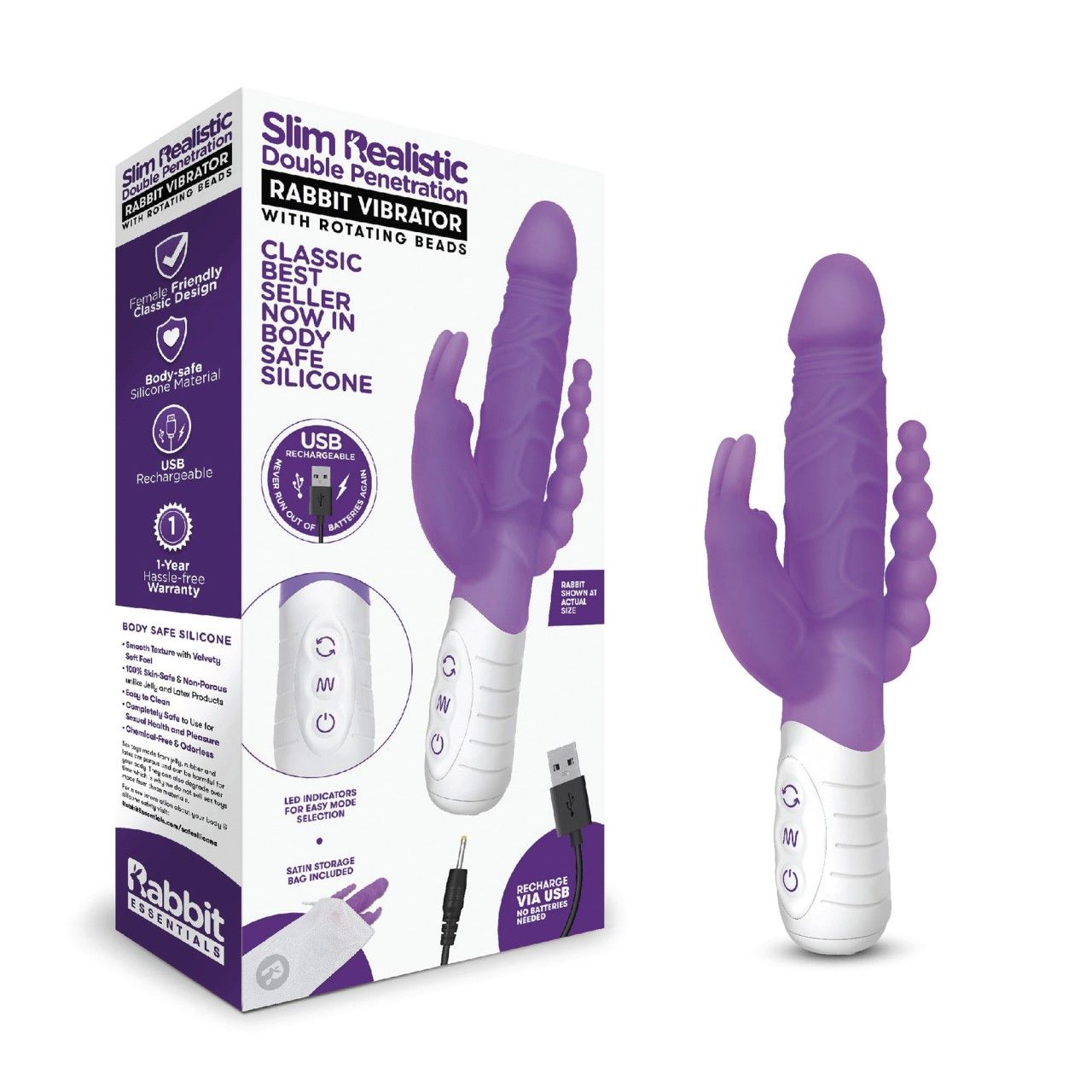 Lila Vibrator mit weißem Griff und Verpackung. Aufschrift: Rabbit Essentials, Slim Realistic, USB-Aufladung.