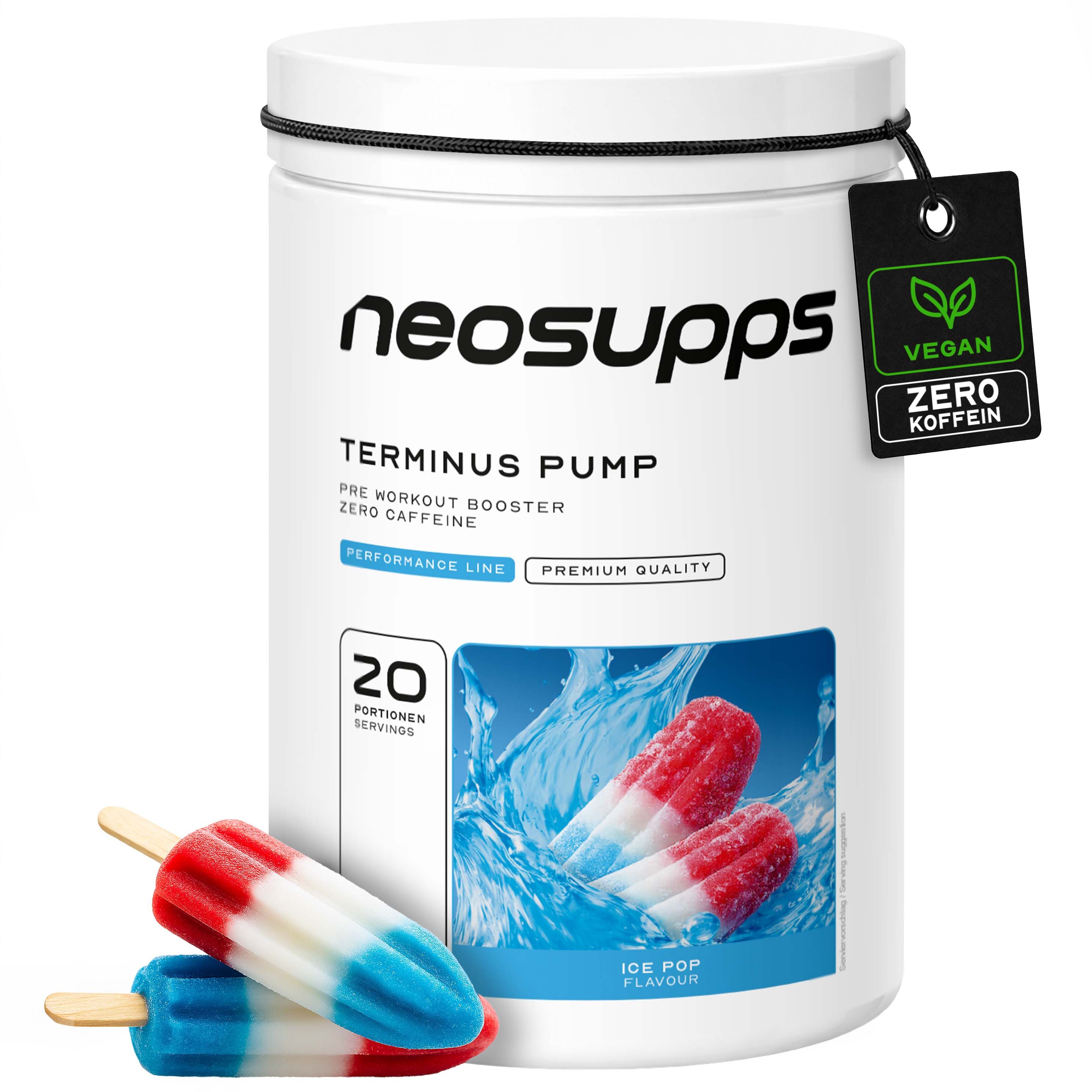 Neosupps Terminus PUMP XXL Dose mit Eis am Stiel-Motiv. "Zero Koffein" und "Vegan" Siegel.