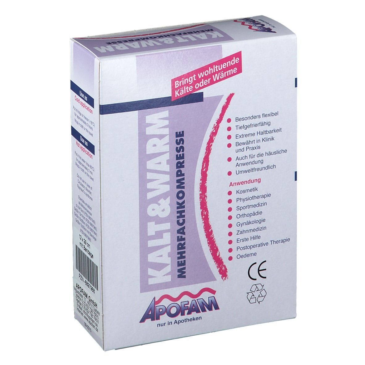 Verpackung der APOFAM Kalt & Warm Mehrfachkompresse. Text: Kalt & Warm, Mehrfachkompresse, APOFAM. CE-Zeichen.