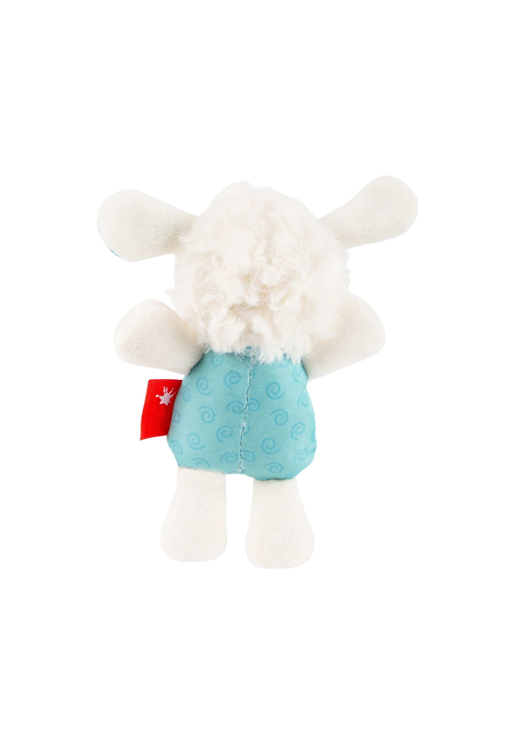 Rückansicht des weißen Schaf-Greiflings. Blau gemusterter Bauch. Rotes Sigikid-Etikett.