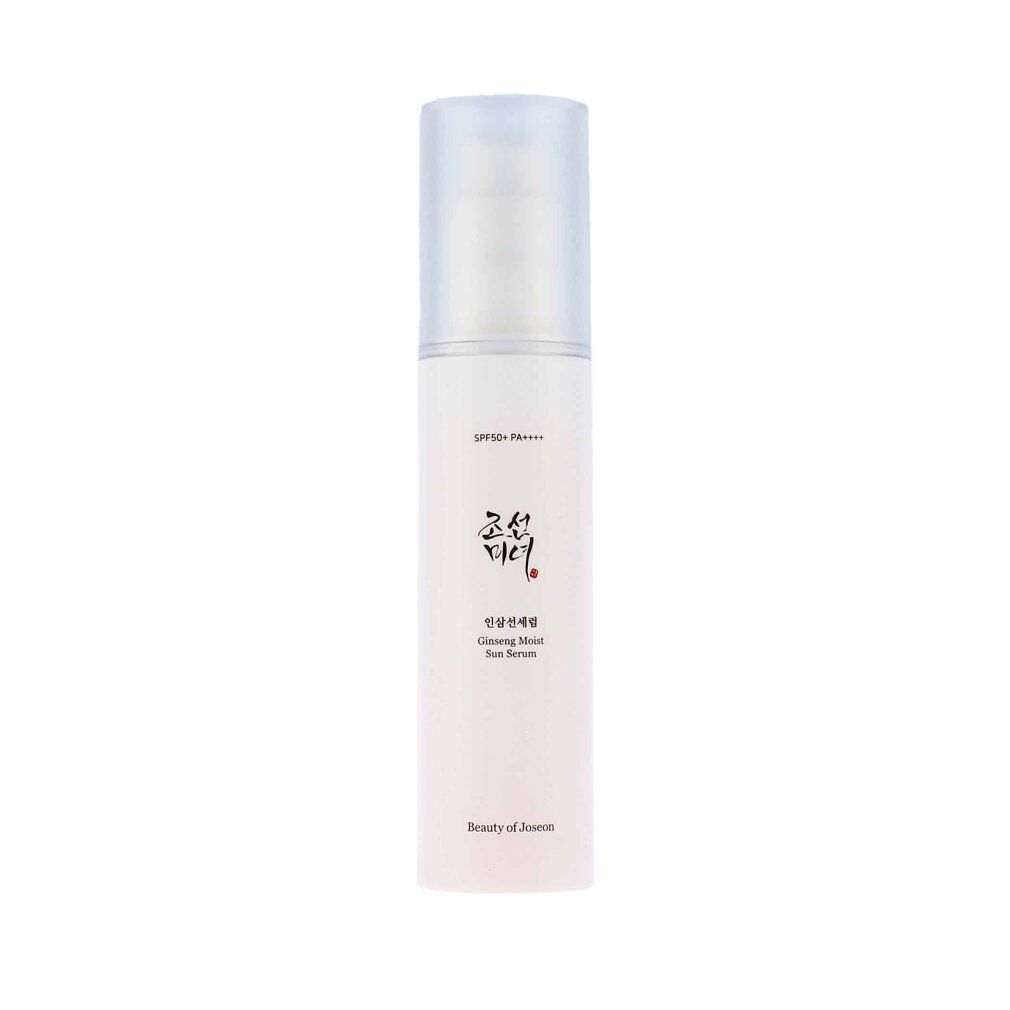 Flasche des Ginseng Moist Sun Serum mit SPF 50+ PA++++ auf weißem Hintergrund.