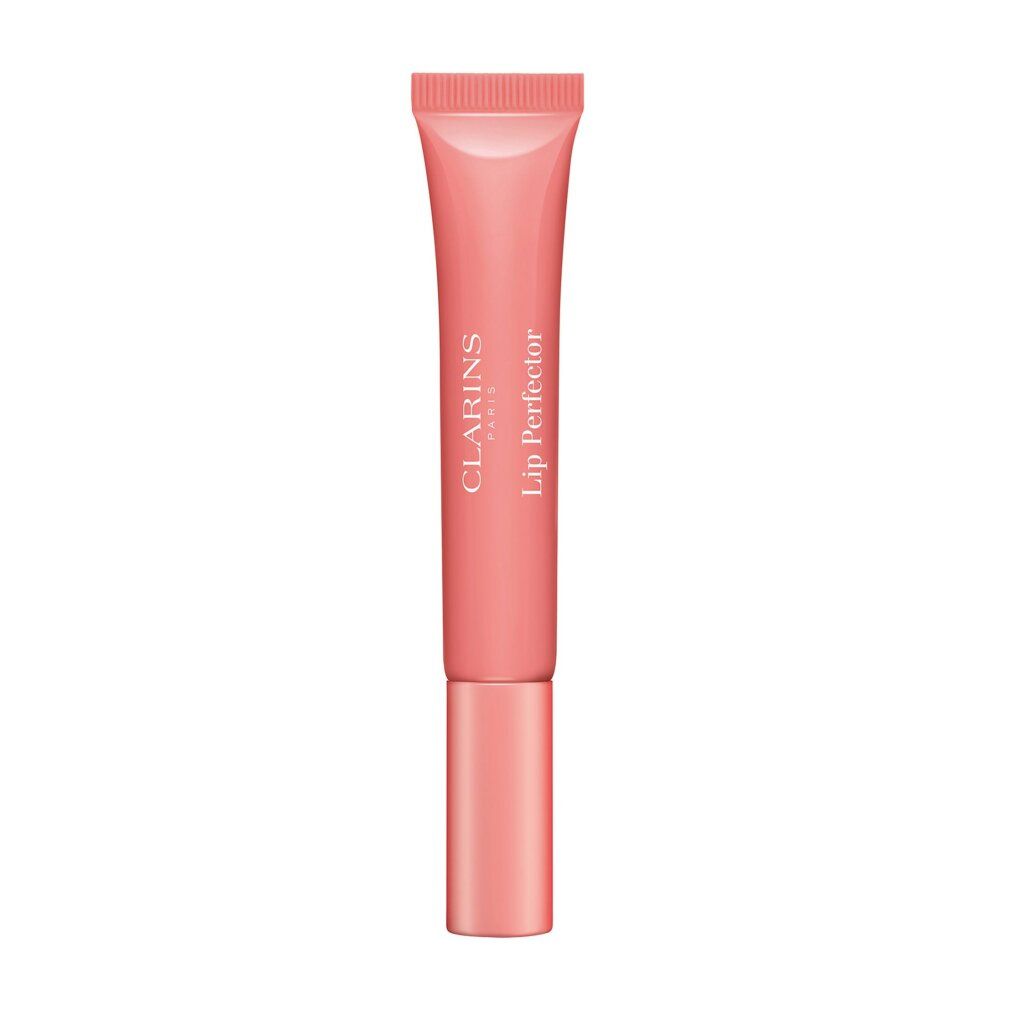 Eine rosa Tube Clarins Lip Perfector mit rosa Kappe, auf weißem Hintergrund.