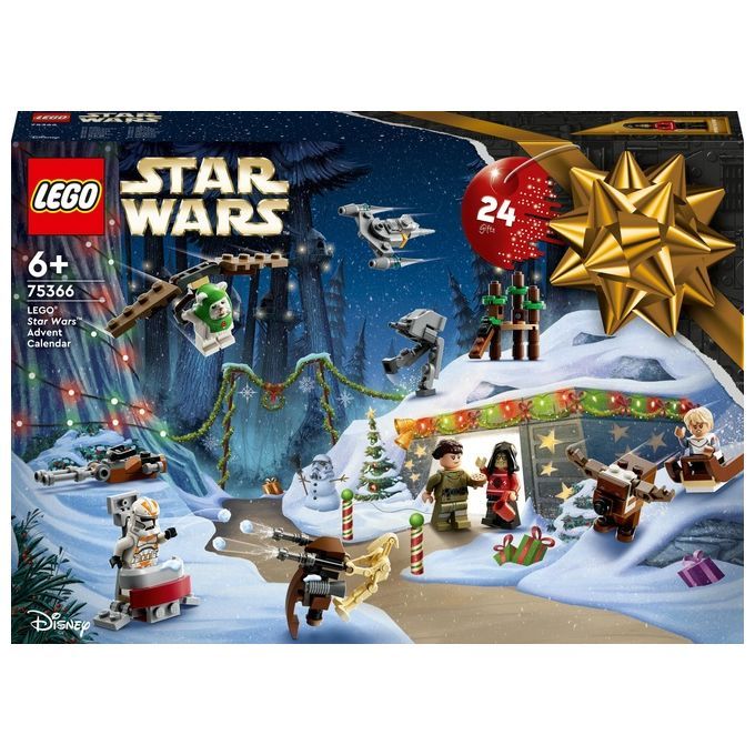 Calendario dell'Avvento LEGO Star Wars. La confezione mostra una scena invernale con personaggi e veicoli di Star Wars. Un grande fiocco dorato e una sfera rossa con il numero 24 sono visibili. Il set è adatto a bambini dai 6 anni in su.