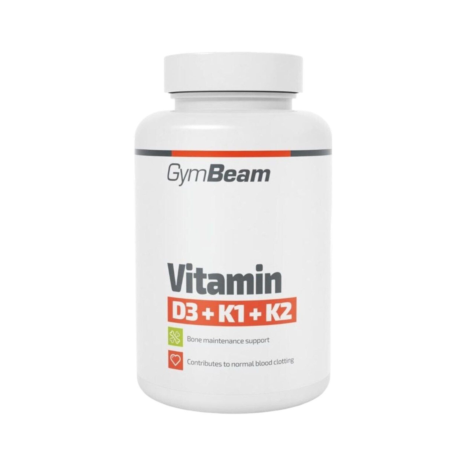 GymBeam Vitamin D3+K1+K2 Kapseln. Weiße Flasche mit schwarzer und roter Beschriftung. Text: Vitamin D3+K1+K2. Logo GymBeam. Knochenunterstützung.
