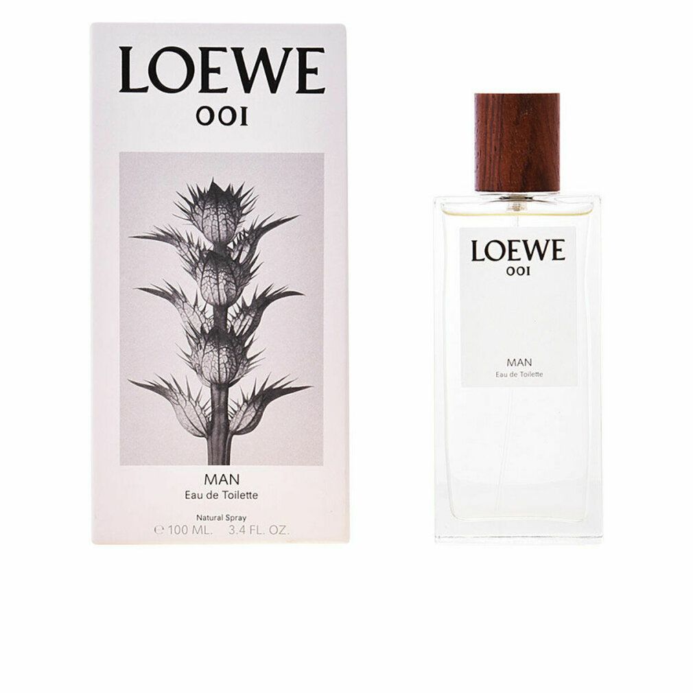 Loewe 001 Man Eau de Toilette Spray und Verpackung. Rechteckiger Flakon mit Holzverschluss. Weiße Verpackung mit floralem Motiv und Logo.