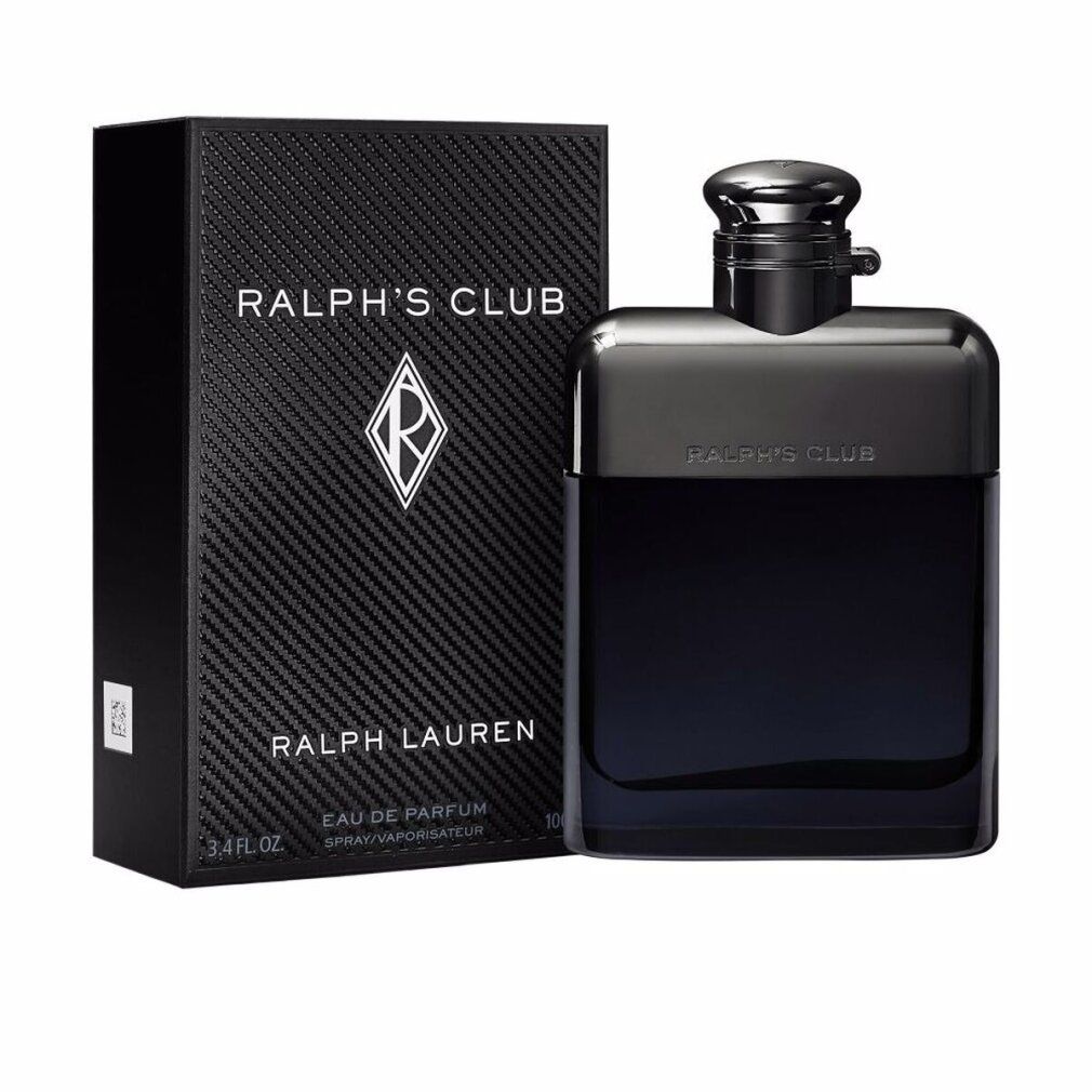Schwarzer Flakon und Verpackung. Aufschrift: RALPH'S CLUB, RALPH LAUREN, Eau de Parfum Spray. 100 ml.