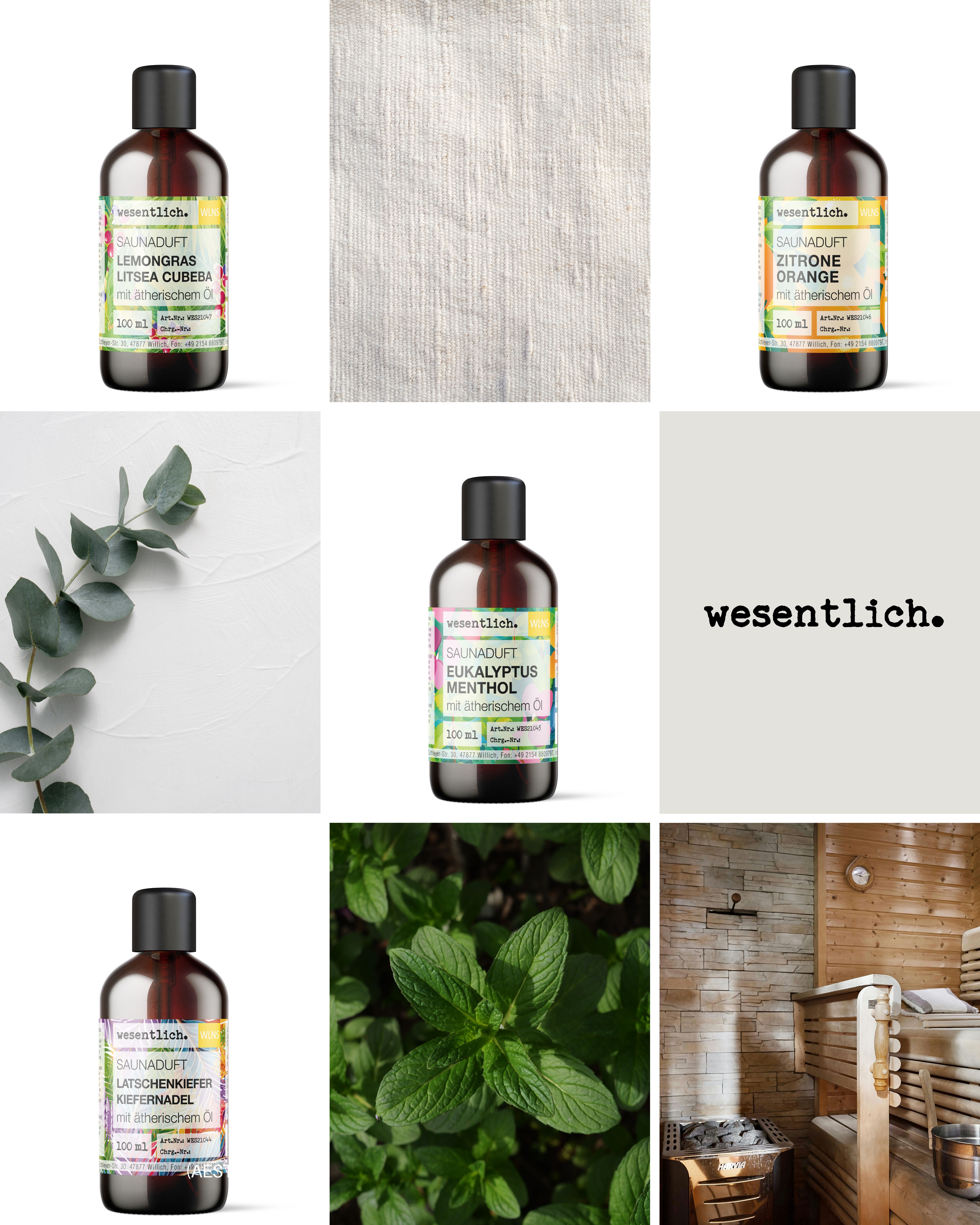 Verschiedene Flaschen mit Produktetiketten, Eukalyptus, Minze und Sauna-Szene. Produktname: wesentlich.