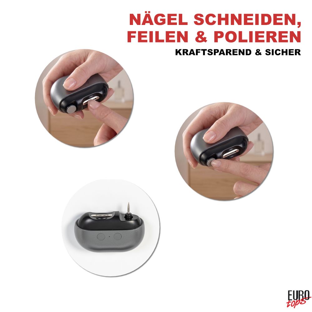 EUROtops Nageltrimmer mit LED & Feile – elektrisch, 2 Stufen & USB-Akku