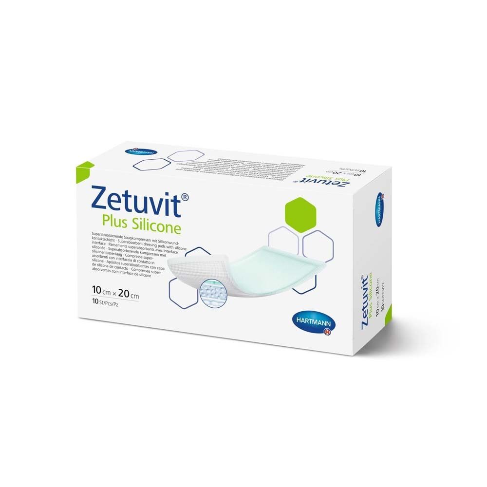 Verpackung von HARTMANN Zetuvit® Plus Silicone. 10 Stück, 10x20 cm. Grün-weißes Design mit Produktabbildung.
