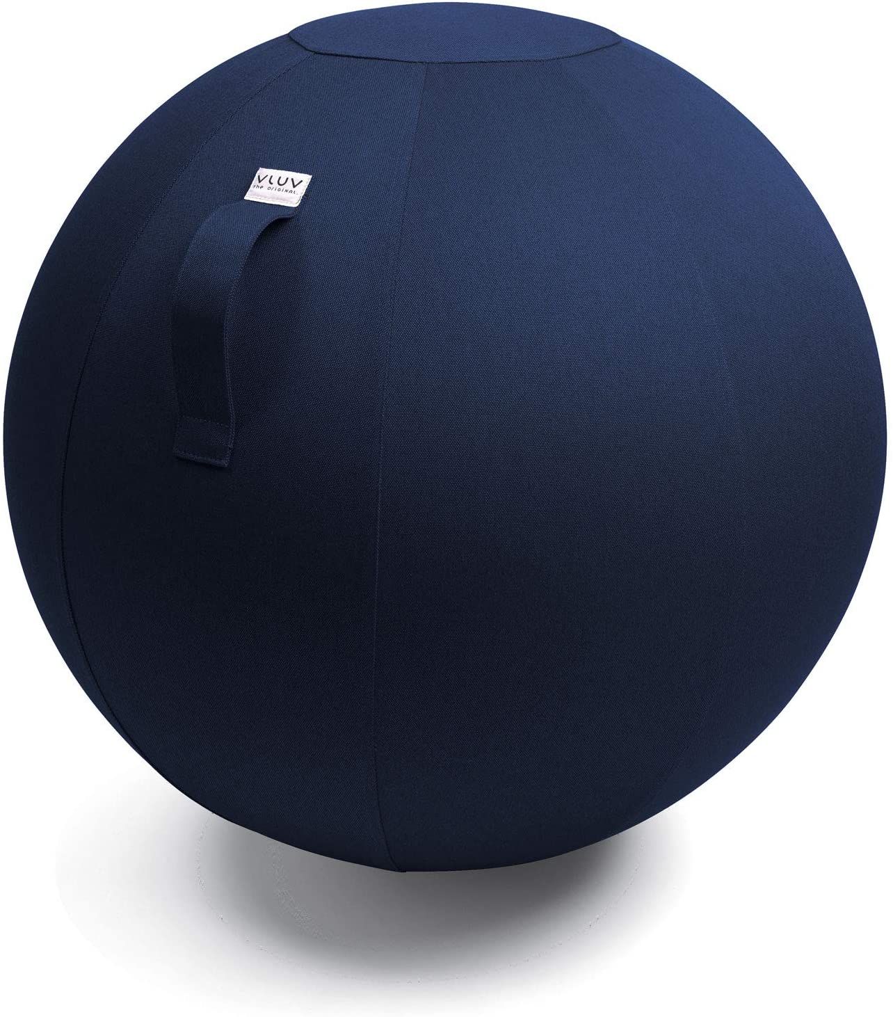 Blauer Sitzball mit Griff. VLUV-Logo auf weißem Etikett. Stoffbezug, runde Form.