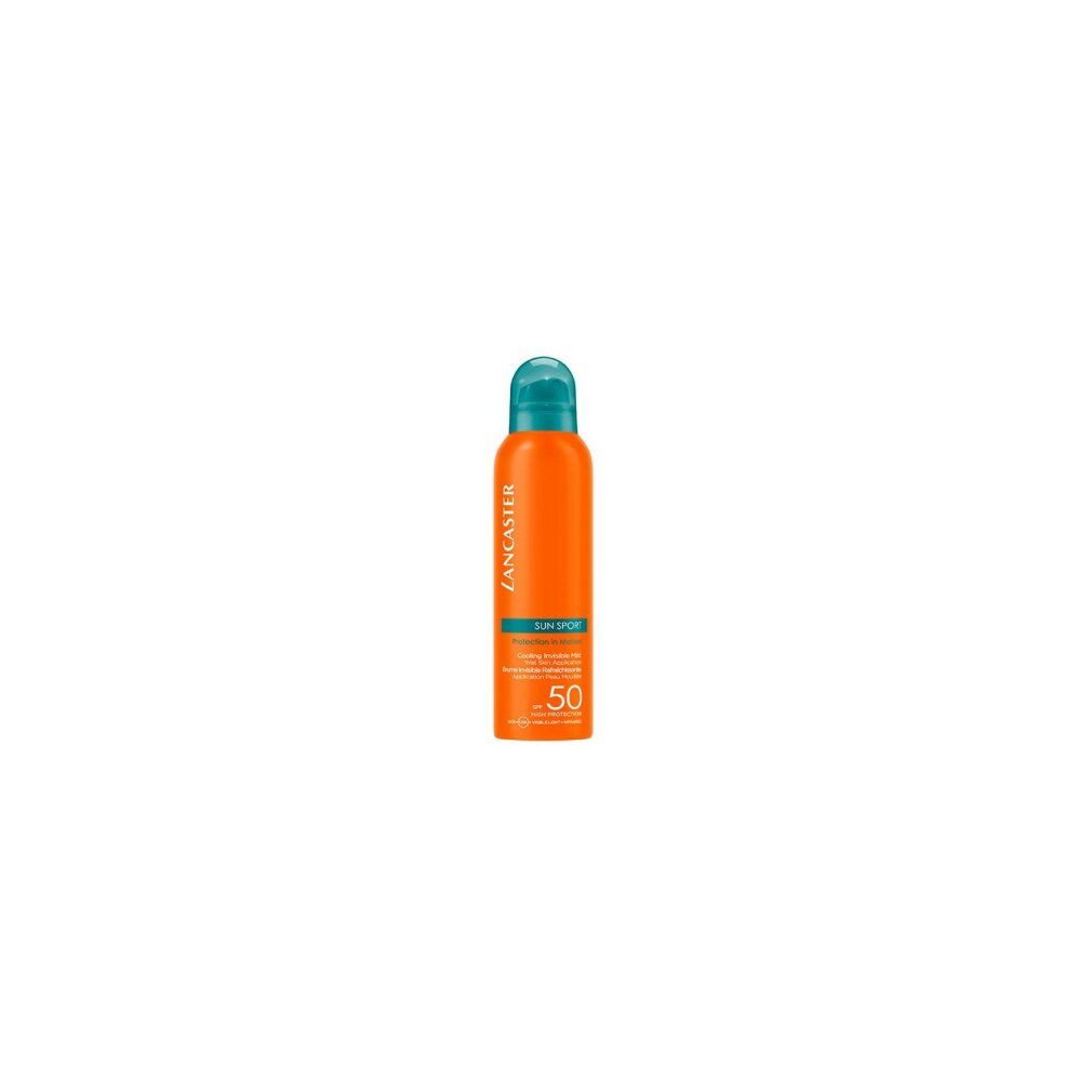 Orangefarbene Sprühflasche mit blauem Deckel. Text: SUN SPORT, SPF 50. Kühlendes, unsichtbares Körperspray.