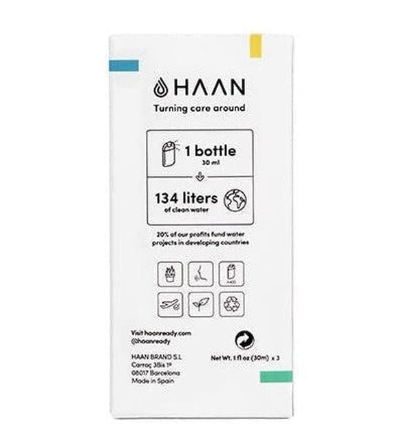 Weiße Verpackung mit Logo und Text. Beschriftung: HAAN, Turning care around, 1 bottle 30 ml, 134 liters of clean water.
