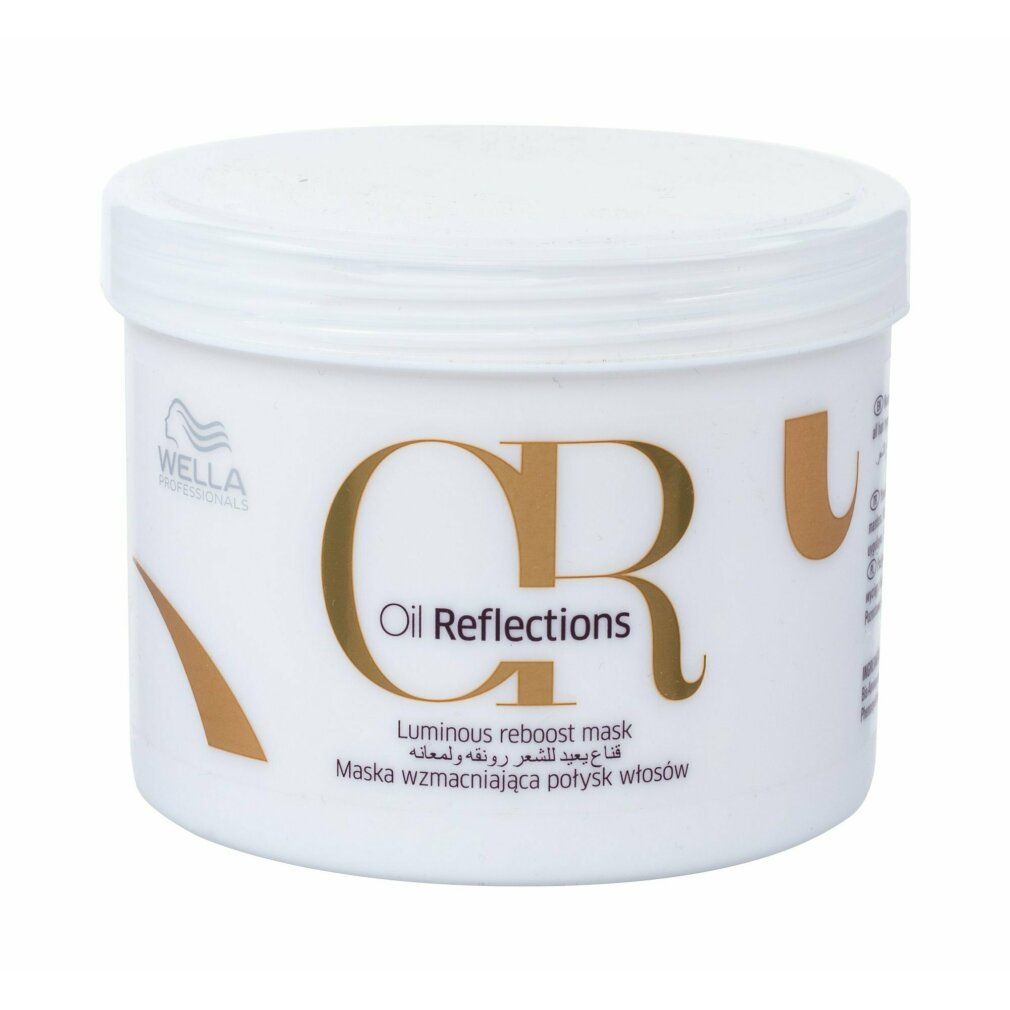 Weiße Dose mit Deckel. Aufschrift: Oil Reflections, Luminous reboost mask. Marke: Wella Professionals.