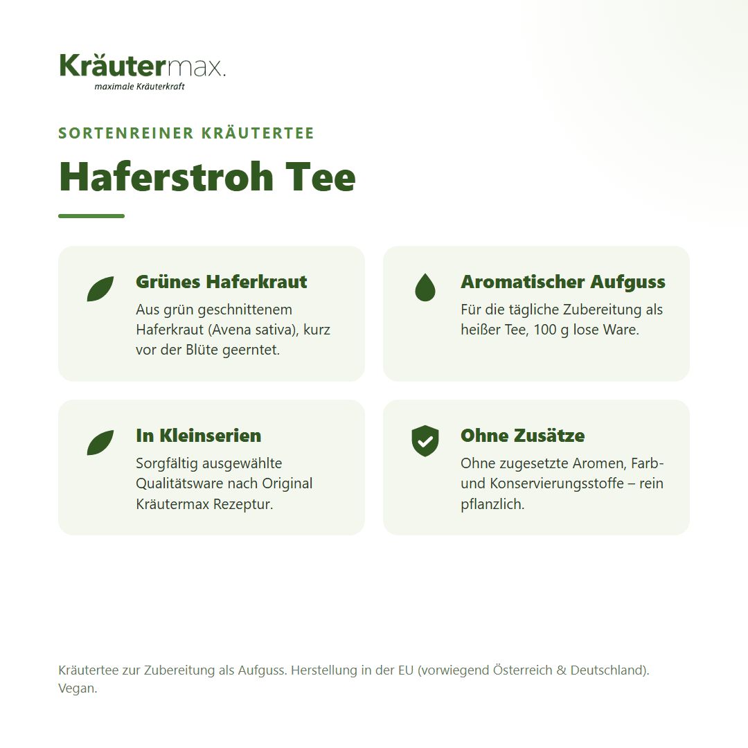 Kräutermax Haferstroh Tee: Grünes Haferkraut, aromatischer Aufguss, kleine Serien, ohne Zusätze.
