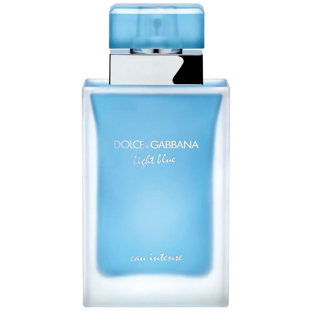 Hellblaues Parfümflakon. Aufschrift: Dolce & Gabbana Light Blue Eau Intense. Flakon mit silbernem Verschluss.