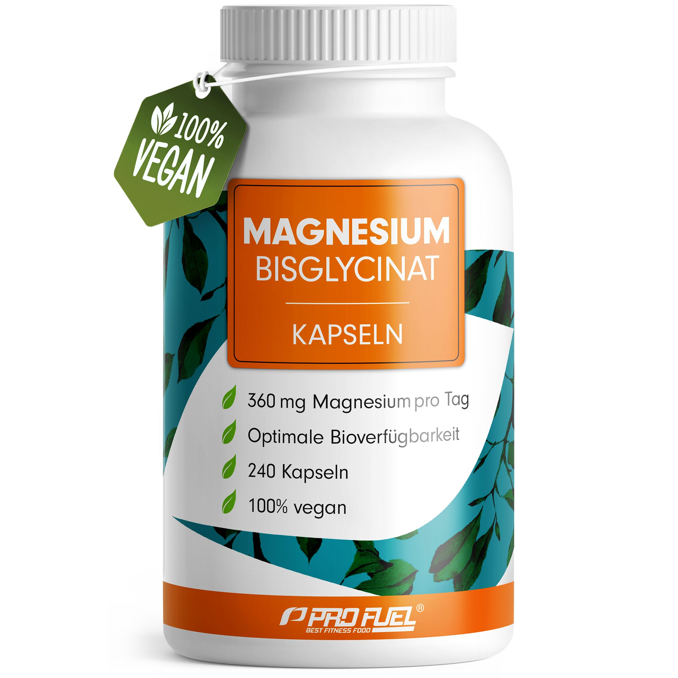 Weiße Flasche mit Kapseln. Aufkleber mit Text: Magnesium Bisglycinat, 360 mg, 240 Kapseln, 100% vegan. Grünes Vegan-Siegel.