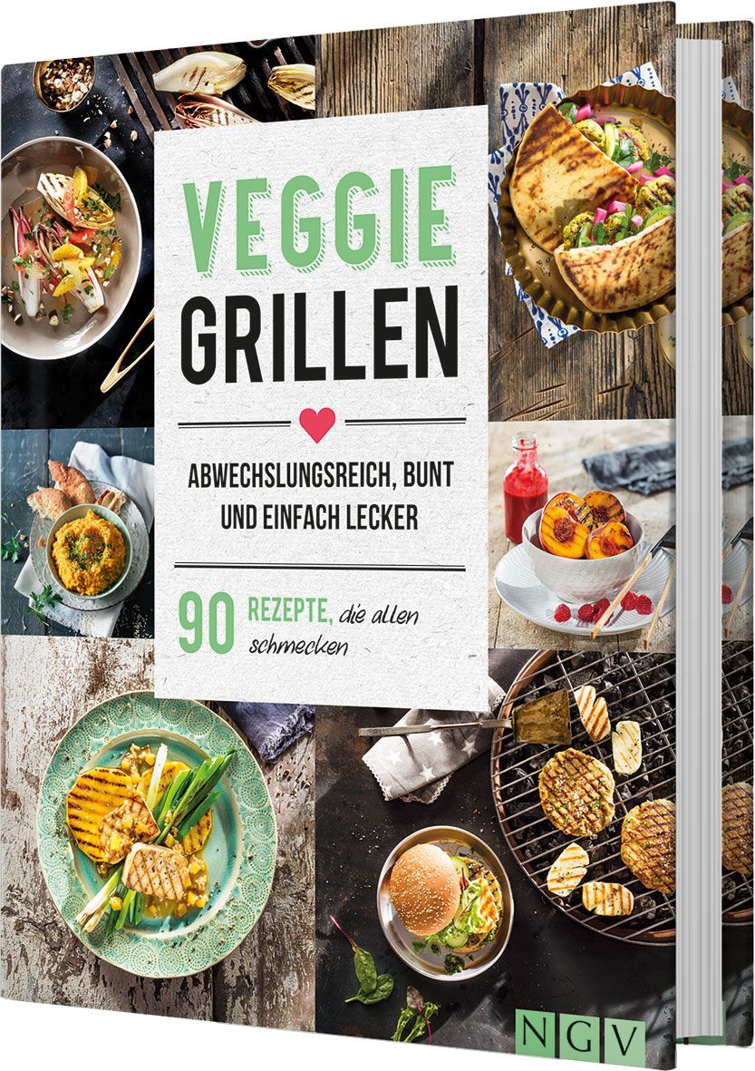 Kochbuch mit dem Titel "VEGGIE GRILLEN". Auf dem Cover sind verschiedene gegrillte Gerichte abgebildet. 90 Rezepte.
