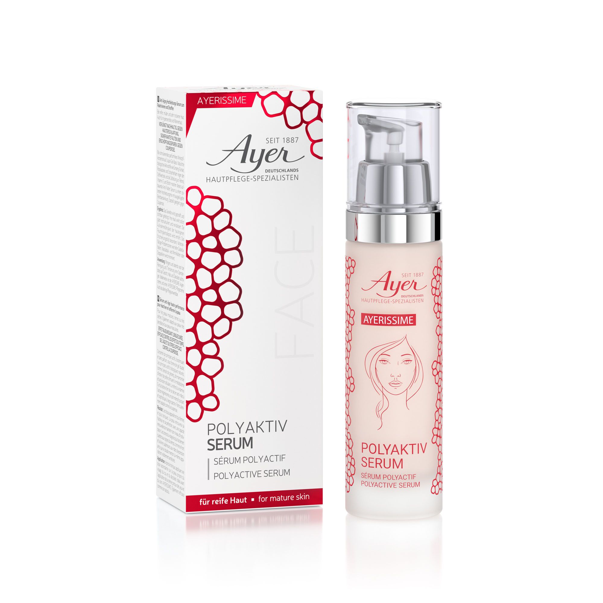 Ayerissime Serum-Flasche und Verpackung. Weißes Serum mit Pumpe, rote Akzente. Schriftzug: Polyaktiv Serum. Für reife Haut.