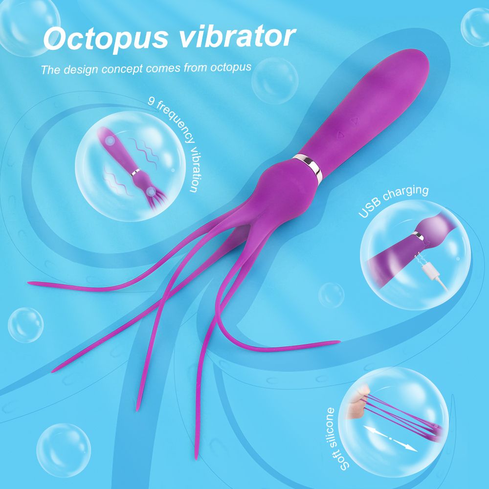 Lila Vibrator mit tentakelartigen Enden. Zylindrischer Griff, silberner Ring. Vier Tentakel. Aus Silikon.