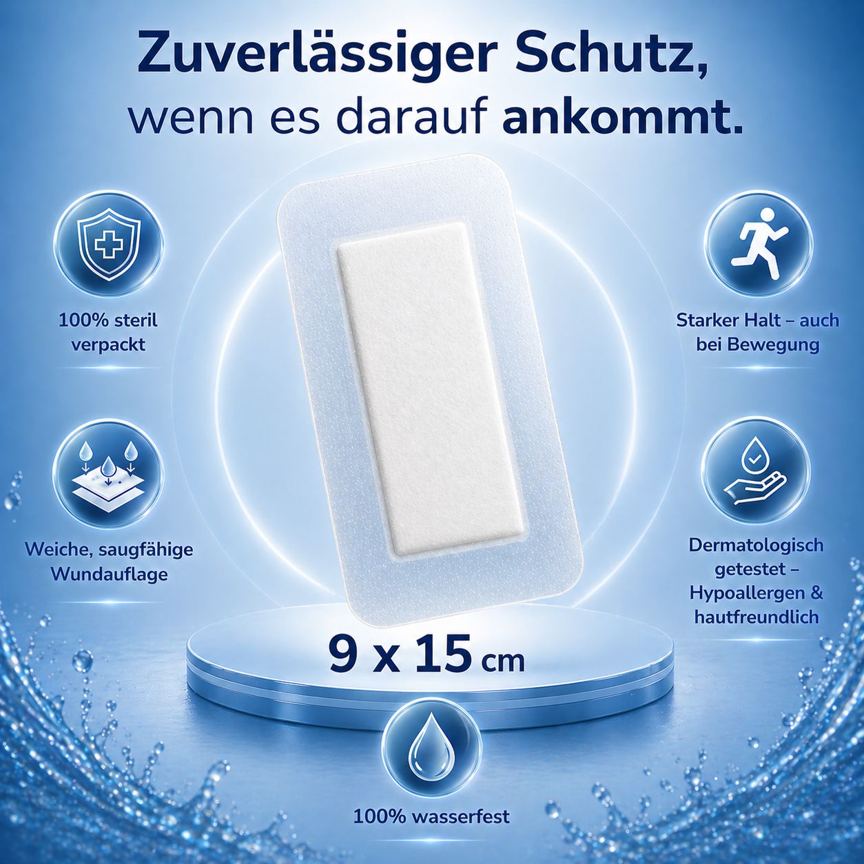Health Press Wundpflaster 9x15 cm: 100% steril, wasserfest, starker Halt, dermatologisch getestet.