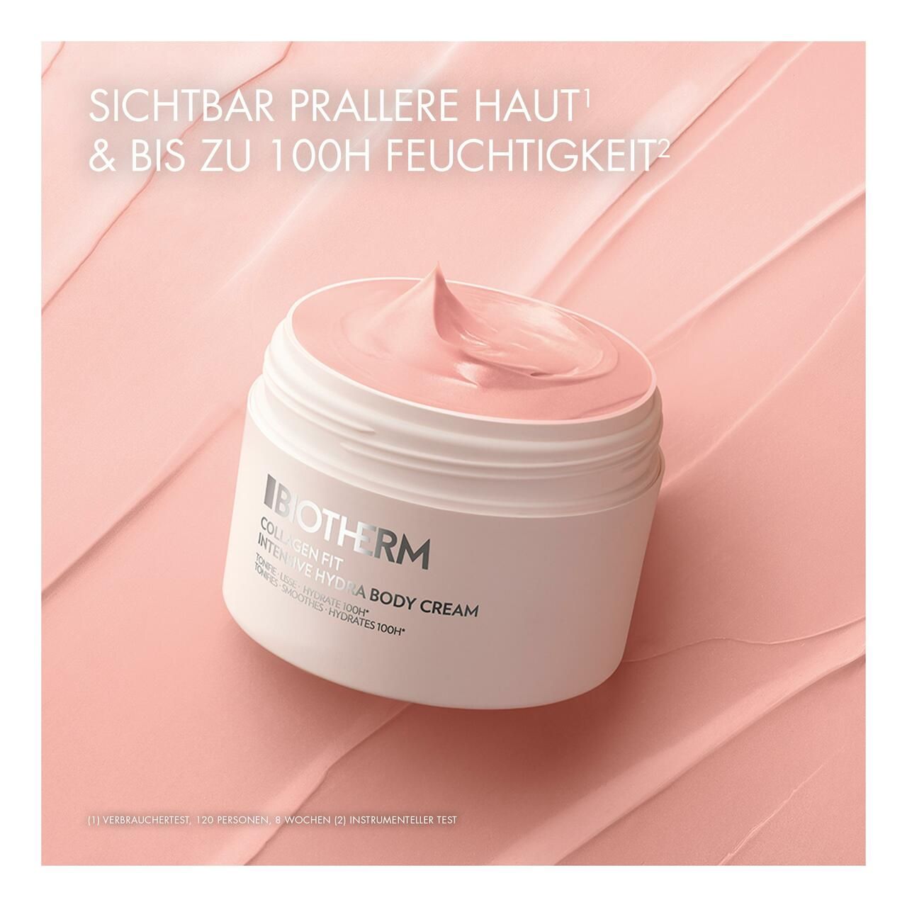 BIOTHERM Collagen Fit Intensive Hydra Body Cream. Tiegel auf rosa Creme. Text: Sichtbar prallere Haut & bis zu 100h Feuchtigkeit.