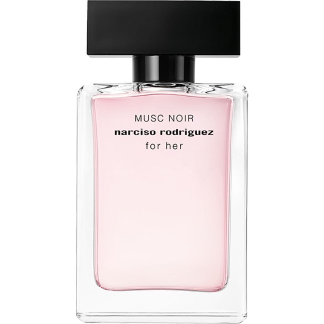 Flakon von Narciso Rodriguez Musc Noir for Her. Rechteckige Form, schwarzer Deckel, rosa Flüssigkeit, Text auf dem Etikett.
