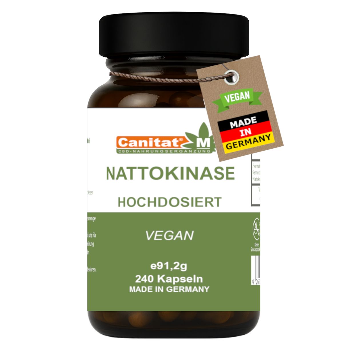 Braune Glasflasche mit schwarzen Deckel. Etikett mit Produktinformationen. Anhänger mit Vegan- und Made in Germany-Siegel.