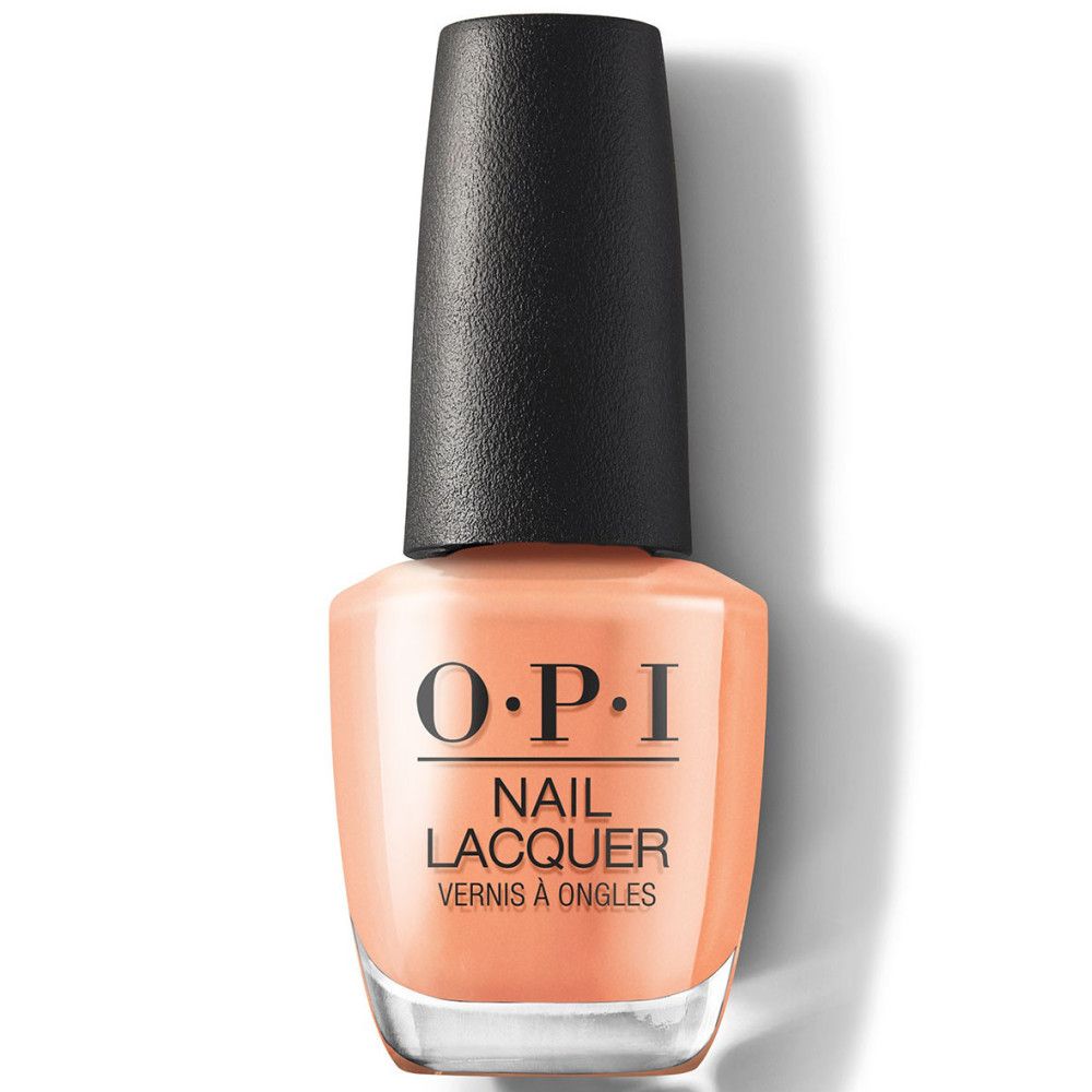 OPI Nagellack in Pfirsichton mit schwarzem Deckel.
