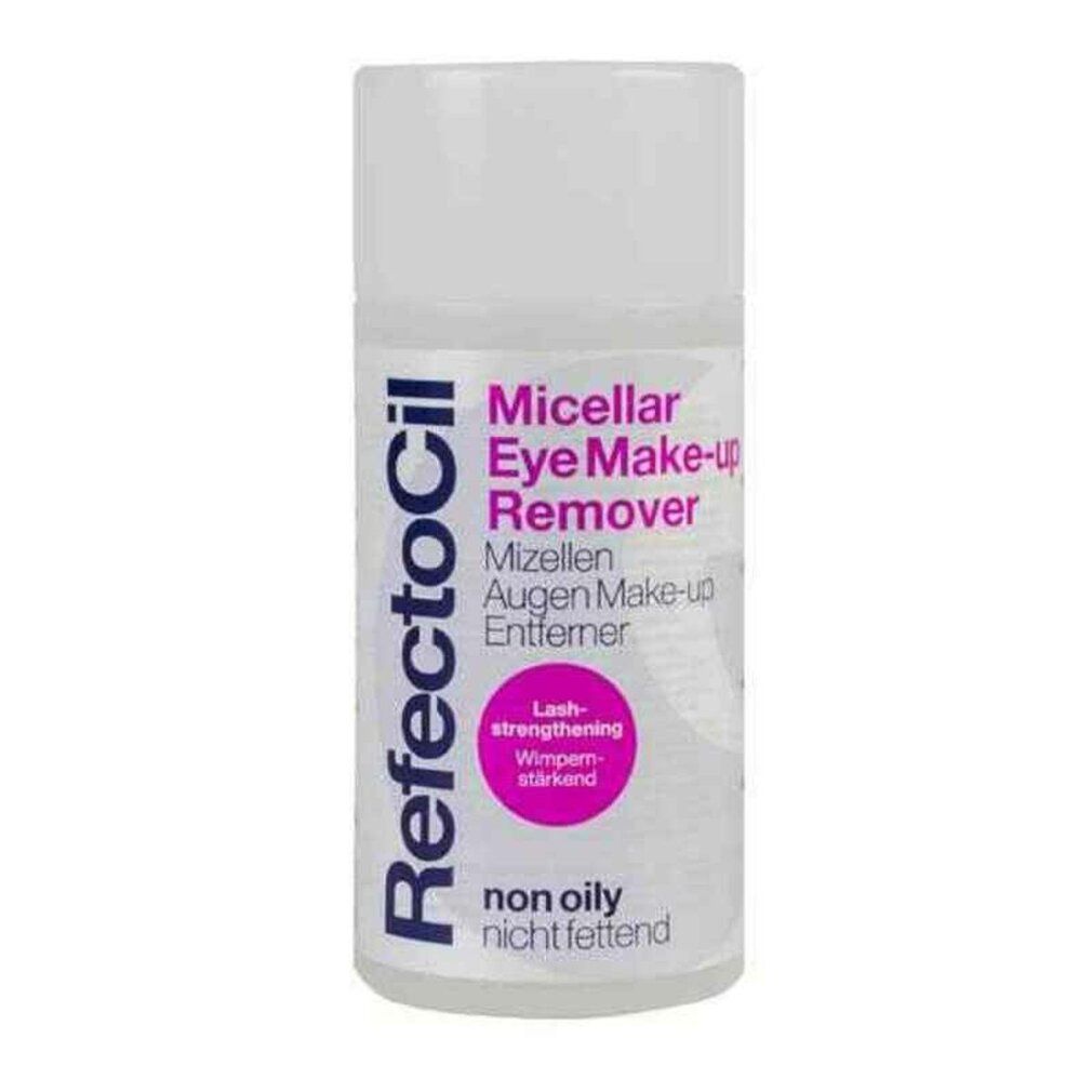 Weiße Flasche mit pinkfarbenem Kreis und Text 'Micellar Eye Make-up Remover' und RefectoCil-Logo. 150ml.