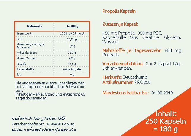 Etikett mit Nährwerttabelle und Zutatenliste. Text: "Propolis Kapseln". Angaben zu Inhaltsstoffen und Verzehrempfehlung.