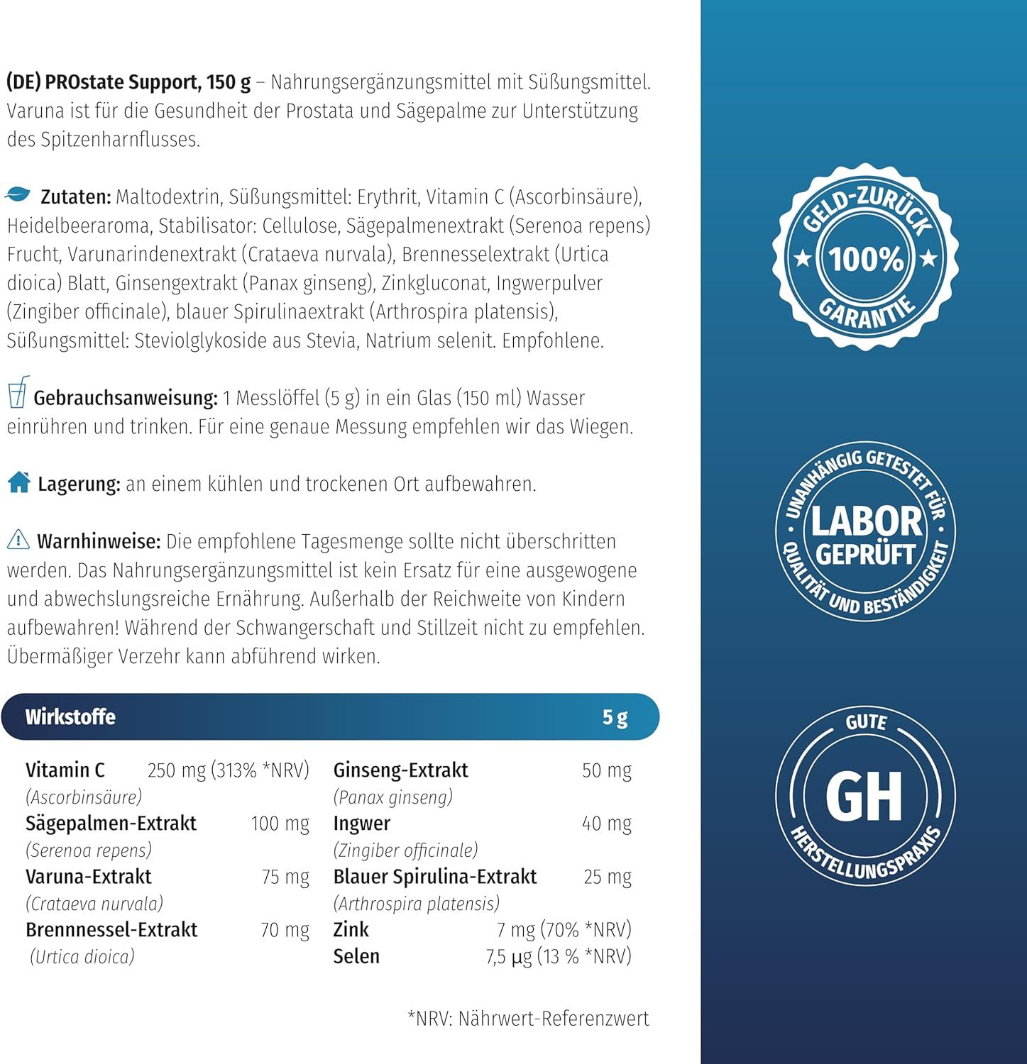 Text mit Inhaltsstoffen und Nährwertangaben. Dose mit Nahrungsergänzungsmittel. Aufschrift: Prostate Support. 100% Garantie.