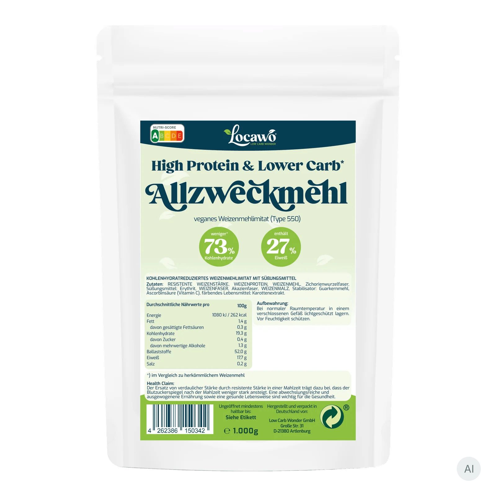 Ein Beutel Locawo High Protein & Lower Carb Allzweckmehl mit Nährwertangaben.
