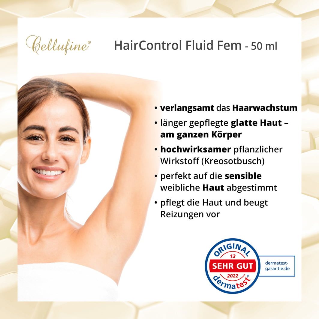 Cellufine HairControl Fluid Fem. Frau mit Arm. Text: verlangsamt Haarw., glatte Haut, hochw. Wirkstoff, sensible Haut, pflegt. Dermatest Siegel.