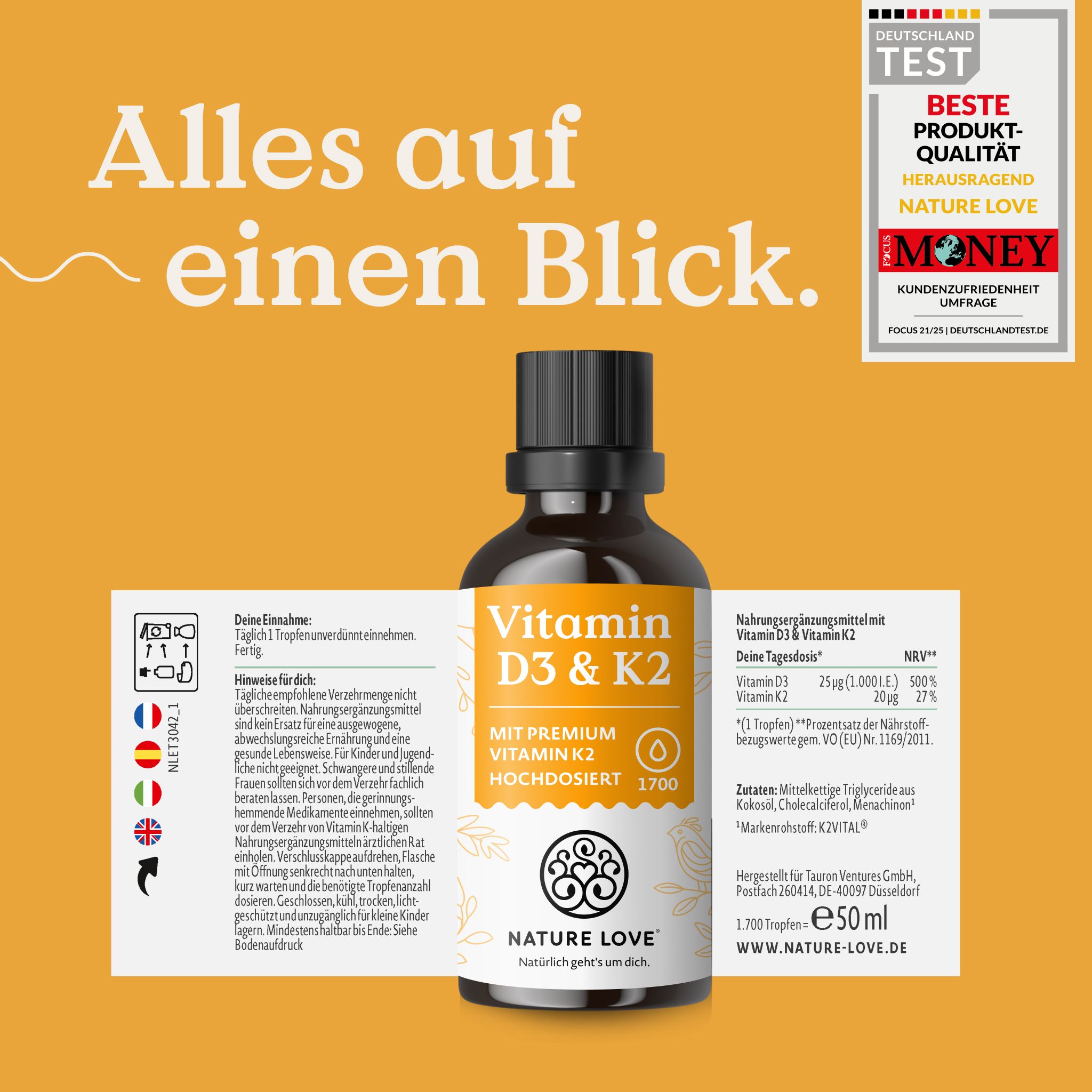 NATURE LOVE Vitamin D3 & K2: Flasche mit Etikett, enthält Informationen in mehreren Sprachen.