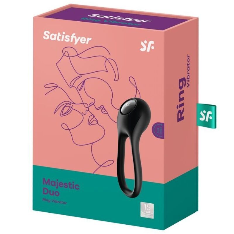 Verpackung von Satisfyer Majestic Duo Ring Vibrator. Rosa Schachtel mit Produktabbildung und Logo.