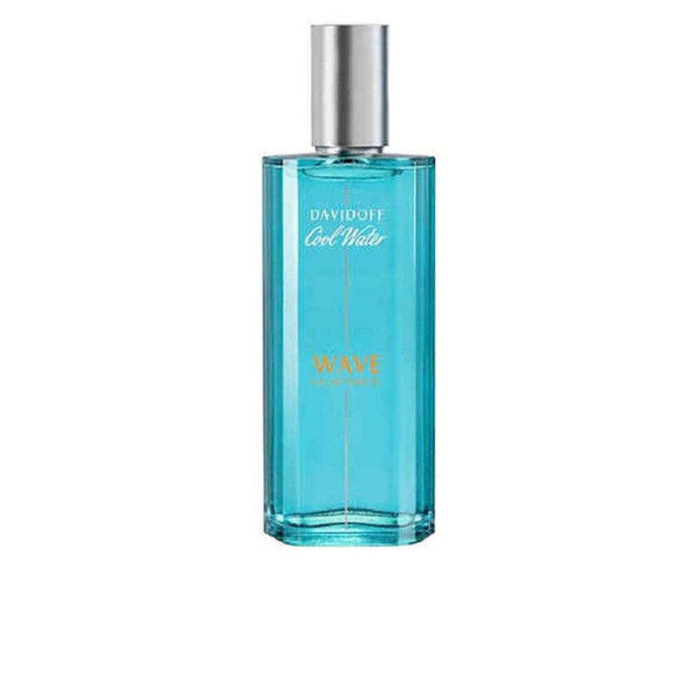 Davidoff Cool Water Wave EdT Flakon. Blaues Glas, silberner Deckel. Produktname und Wave Schriftzug. Eau de Toilette.
