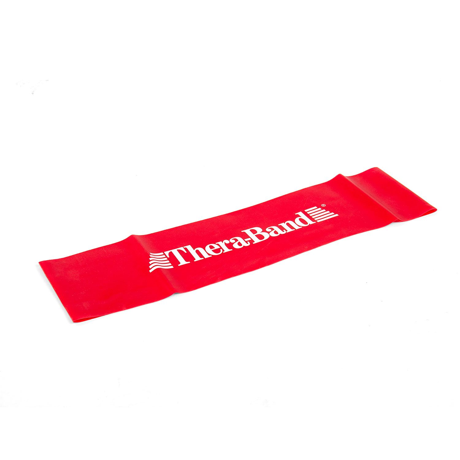 Rotes TheraBand LOOP. Aufgedruckter Markenname. Rechteckige Form. Liegend auf weißem Hintergrund.