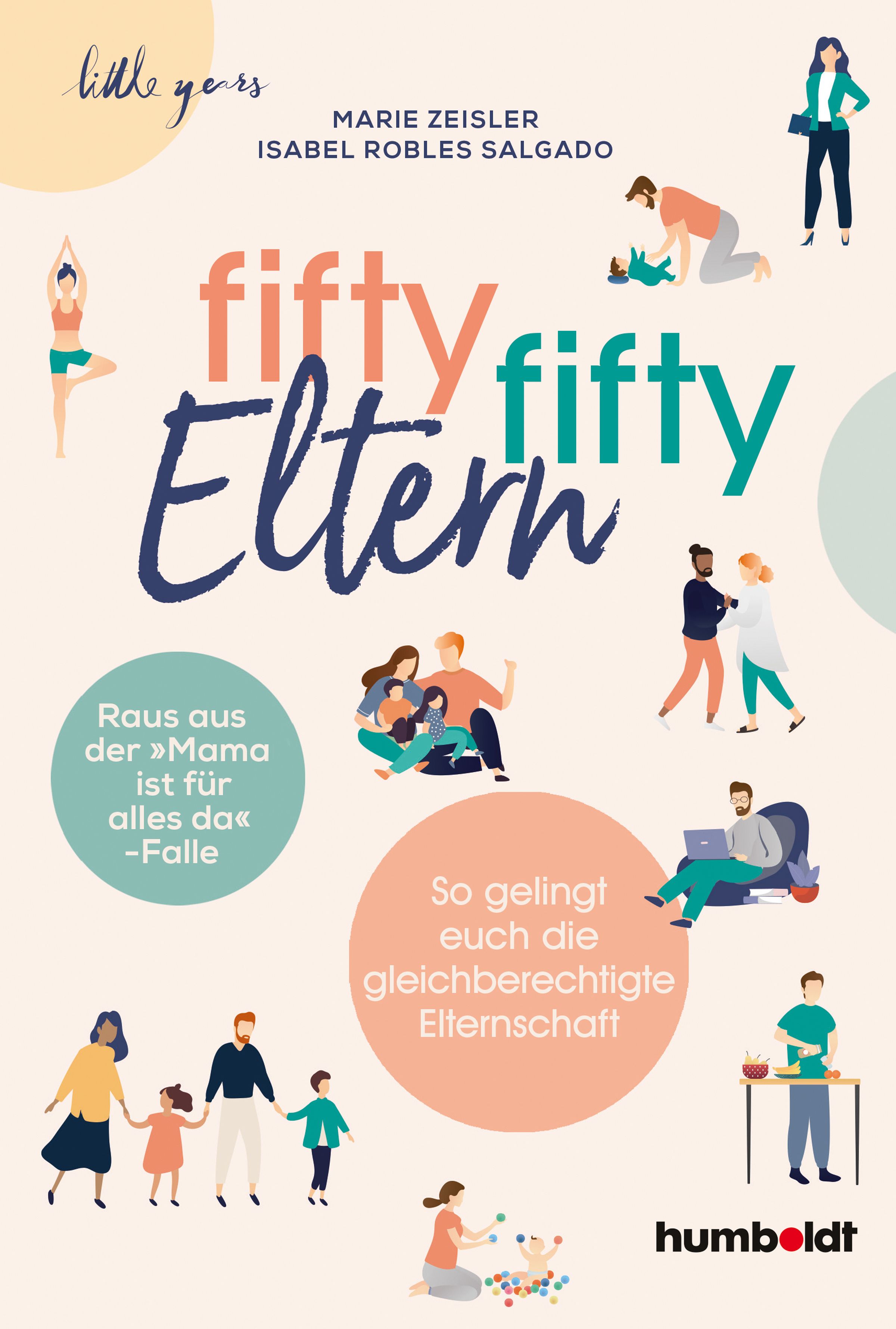 Buchcover mit Titel "fifty fifty Eltern". Illustrationen von Familien und Texten. Verlag: humboldt.