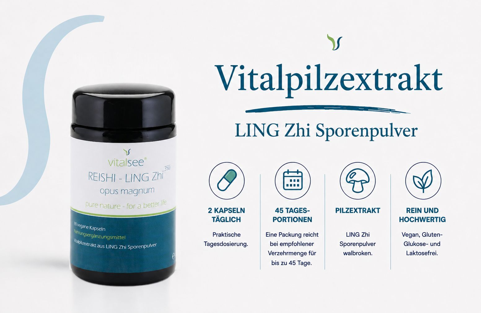 Dunkelblauer Behälter mit Vitalpilzextrakt LING Zhi Sporenpulver. Beschriftung: Vitalpilzextrakt, LING Zhi Sporenpulver, REISHI - LING Zhi, vitalsee.