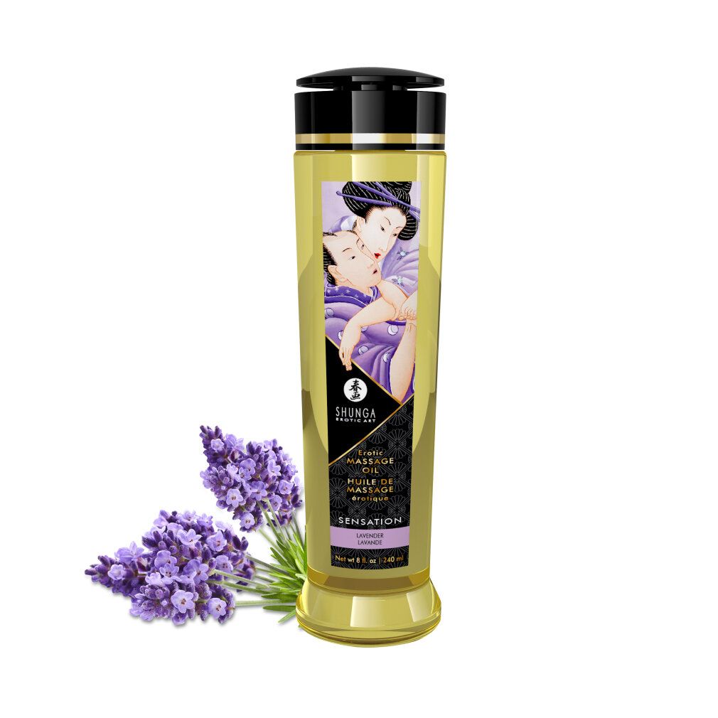 Zylindrische Flasche Massageöl mit Lavendelblüten. Aufdruck mit Abbildung und Schriftzug. Schwarzer Deckel. Goldfarbener Boden.
