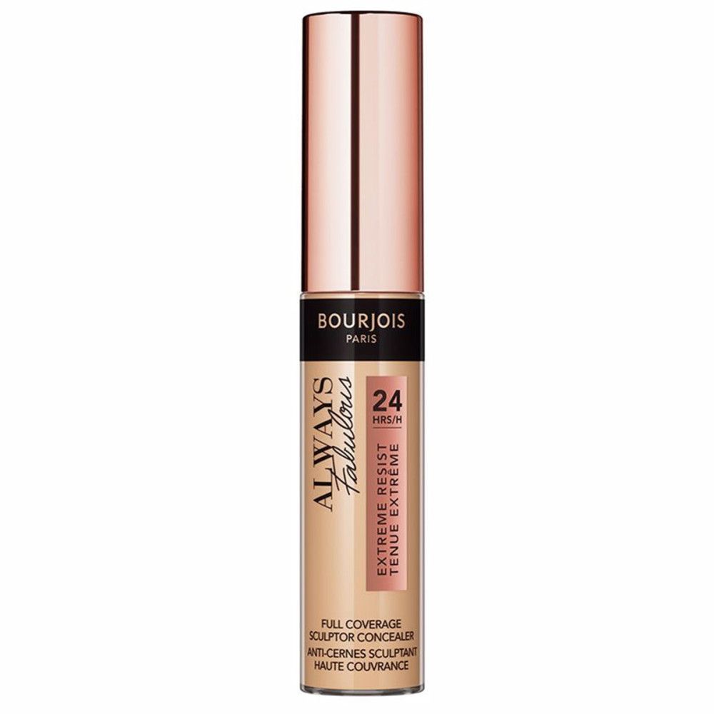 Concealer-Tube mit roségoldfarbenem Deckel. Schwarzer Schriftzug: Bourjois Paris, Always Fabulous, 24H. Beige Farbton.