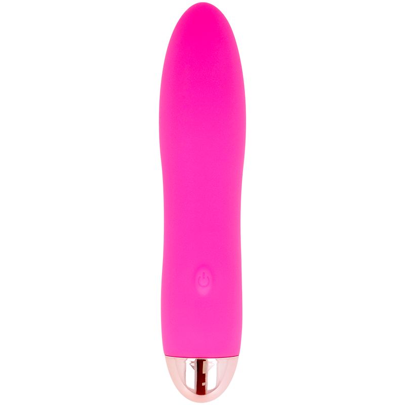 Pinkfarbener Silikon-Vibrator mit goldfarbenem Ende. Power-Taste sichtbar.