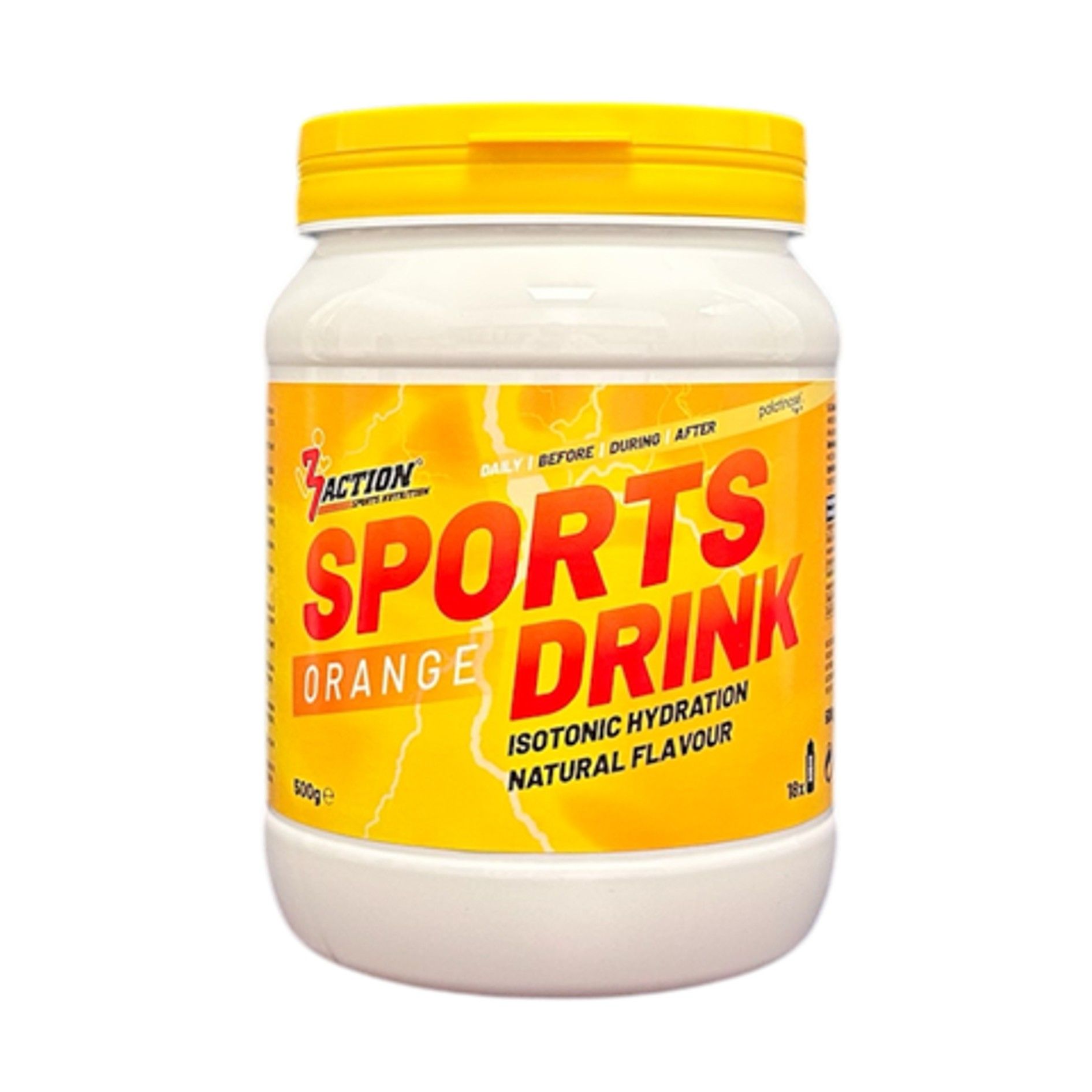 Behälter mit Sportgetränk. Aufschrift: SPORTS DRINK ORANGE, isotonische Hydratation, natürliches Aroma. Gelber Deckel und Etikett.
