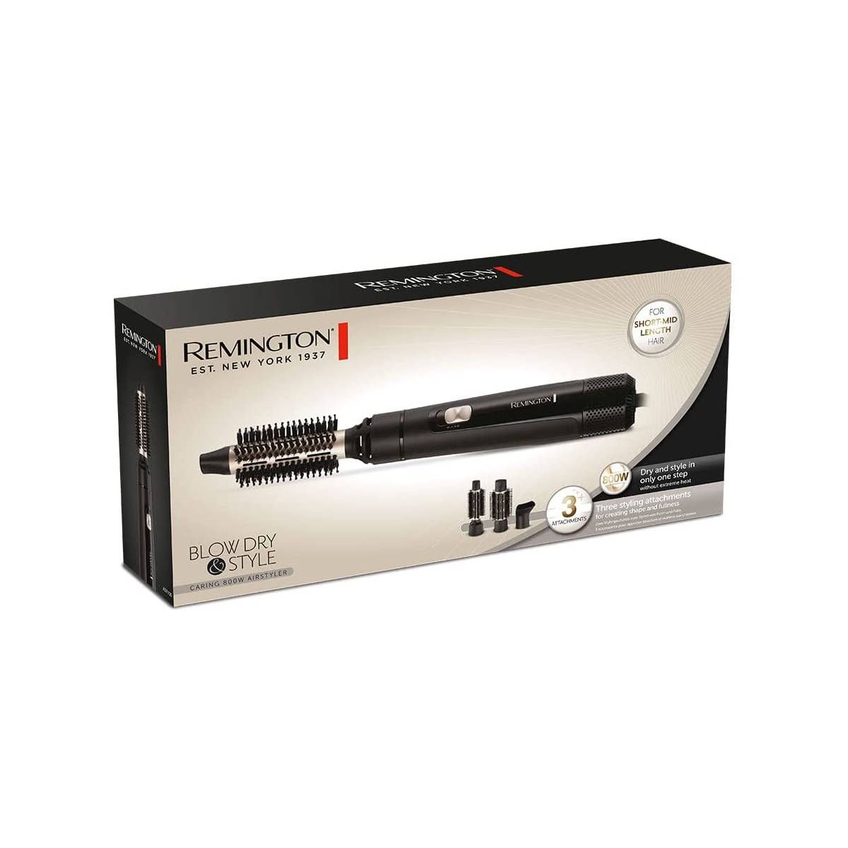 Verpackung der Warmluftbürste. Schwarzer Karton mit Produktbild und REMINGTON-Logo. Aufschrift: BLOW DRY & STYLE.