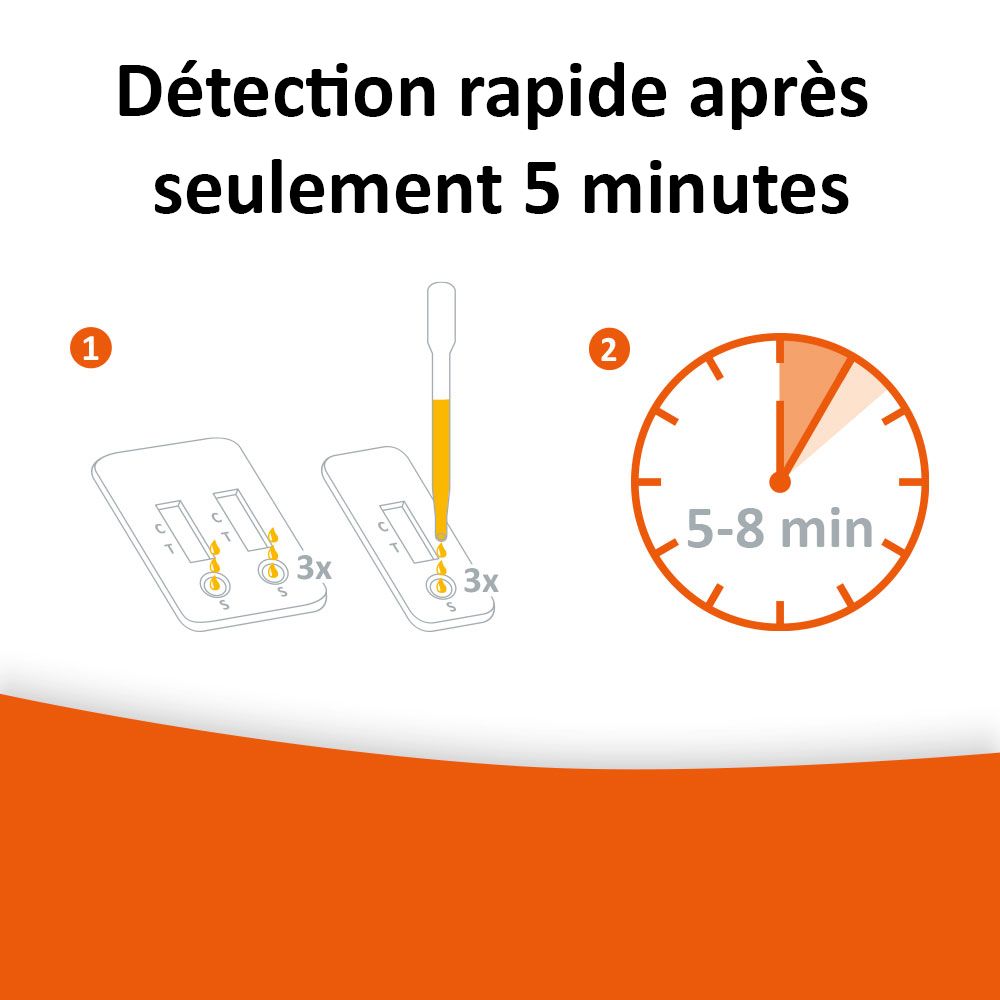 Procédure de test avec deux bandelettes et une pipette. Texte: Détection rapide après 5-8 minutes.
